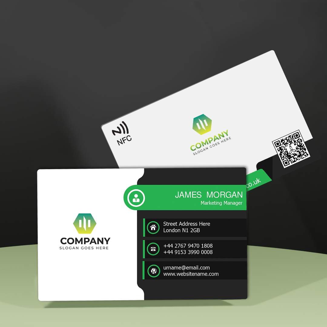 Printed PVC NFC business card in white and green with a company logo