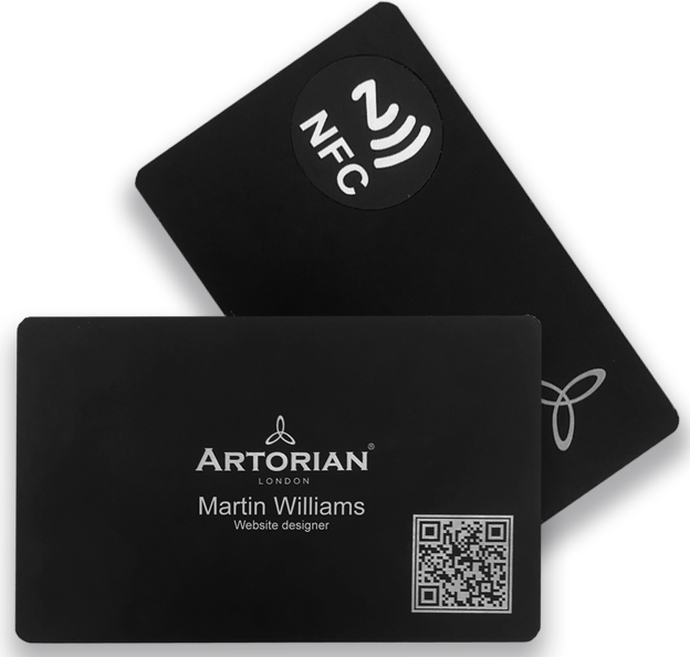 Engraved black metal NFC business card, front and back